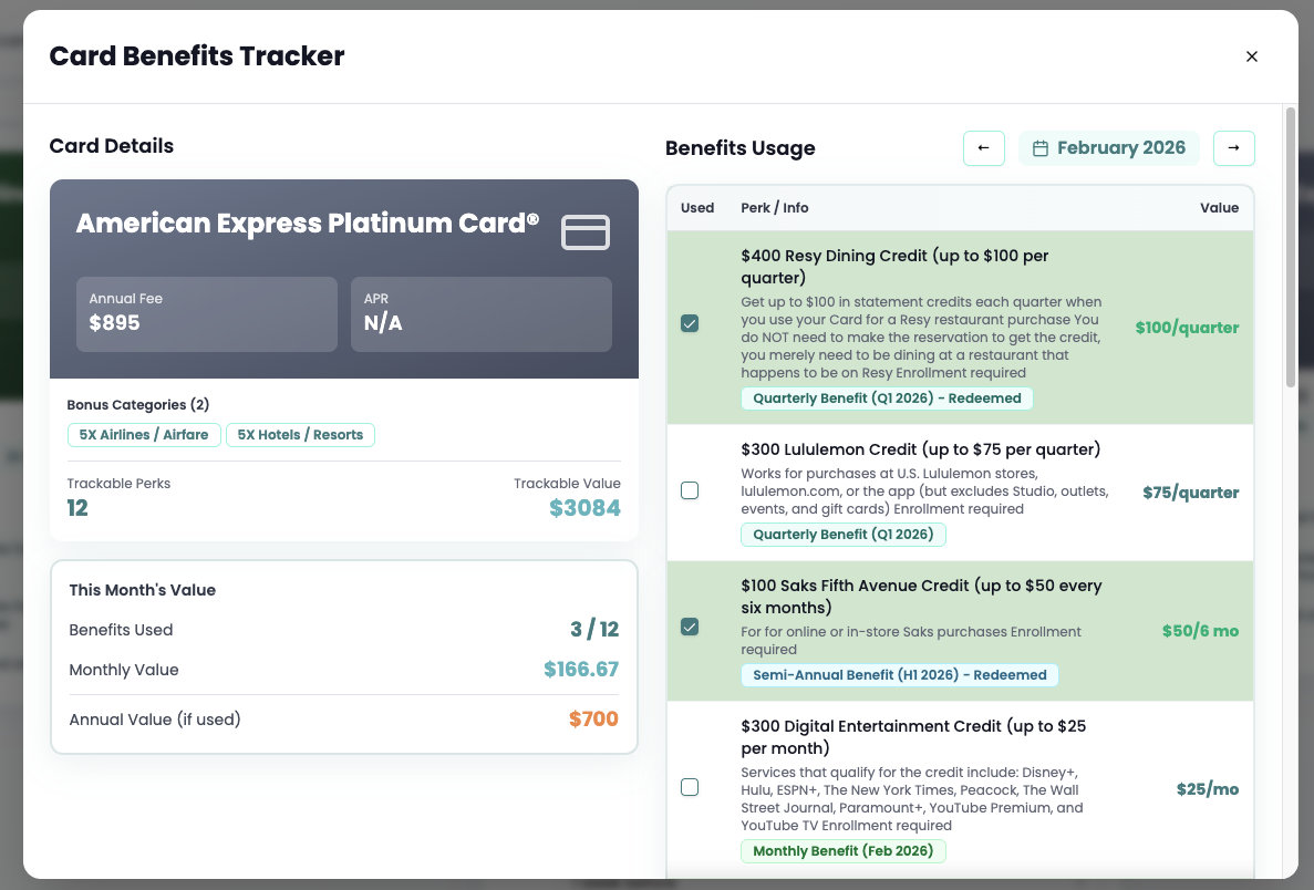 Card Benefits Tracker
